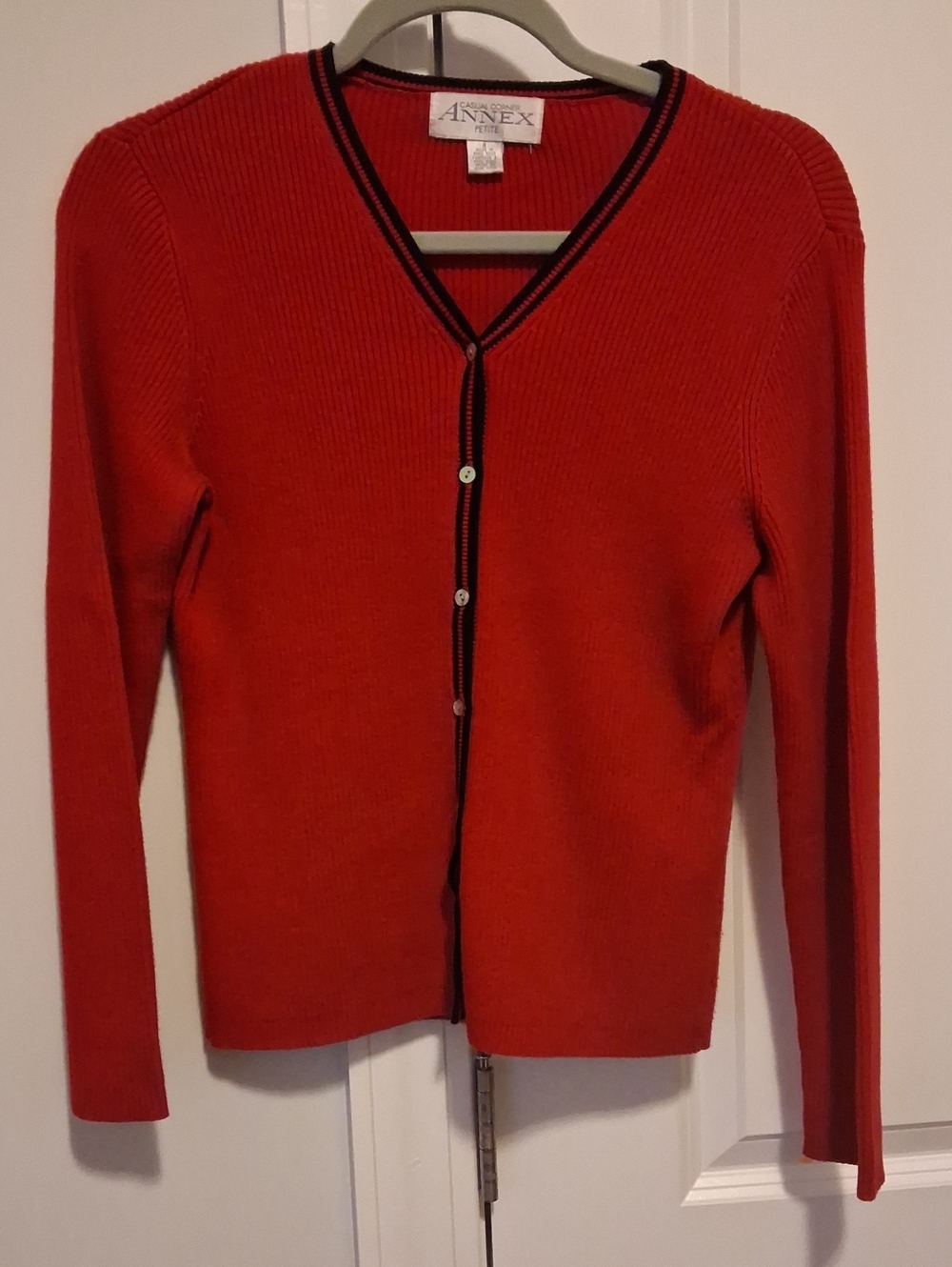 Casual Corner Annex Petite Vintage Red V-Neck Button Cardigan with Black Trim